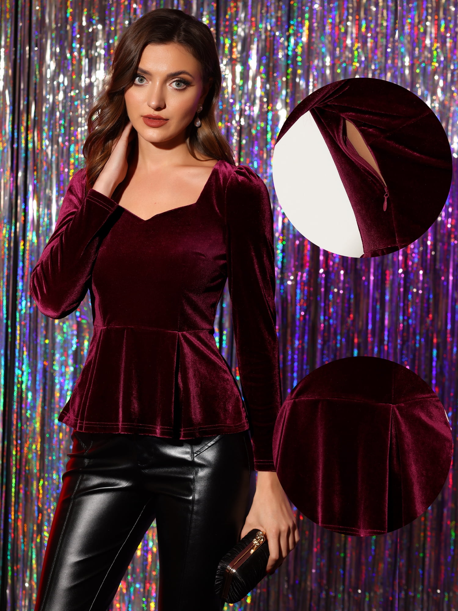 DARING DIVA Elegant Velvet Sweetheart Neck Peplum Top M Burgundy