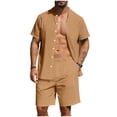 thumbnail image 3 of VBTAPA Mens 2 Piece Cotton Linen Outfits Summer Beach Matching Sets Short Sleeve Button Down Shirts and Shorts Set with Pockets Yellow XXL, 3 of 6