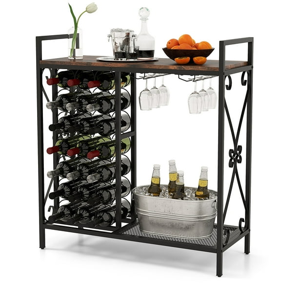 Patiojoy Freestanding Floor Wine Rack, Wooden Coffee Bar Table w/ Wine Storage Brown