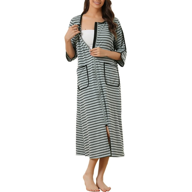 Bata de baño a rayas con cierre frontal para mujeres Inspire Chic, de 3/4 de manga, larga, vestido de casa, pijama, 2XL, gris