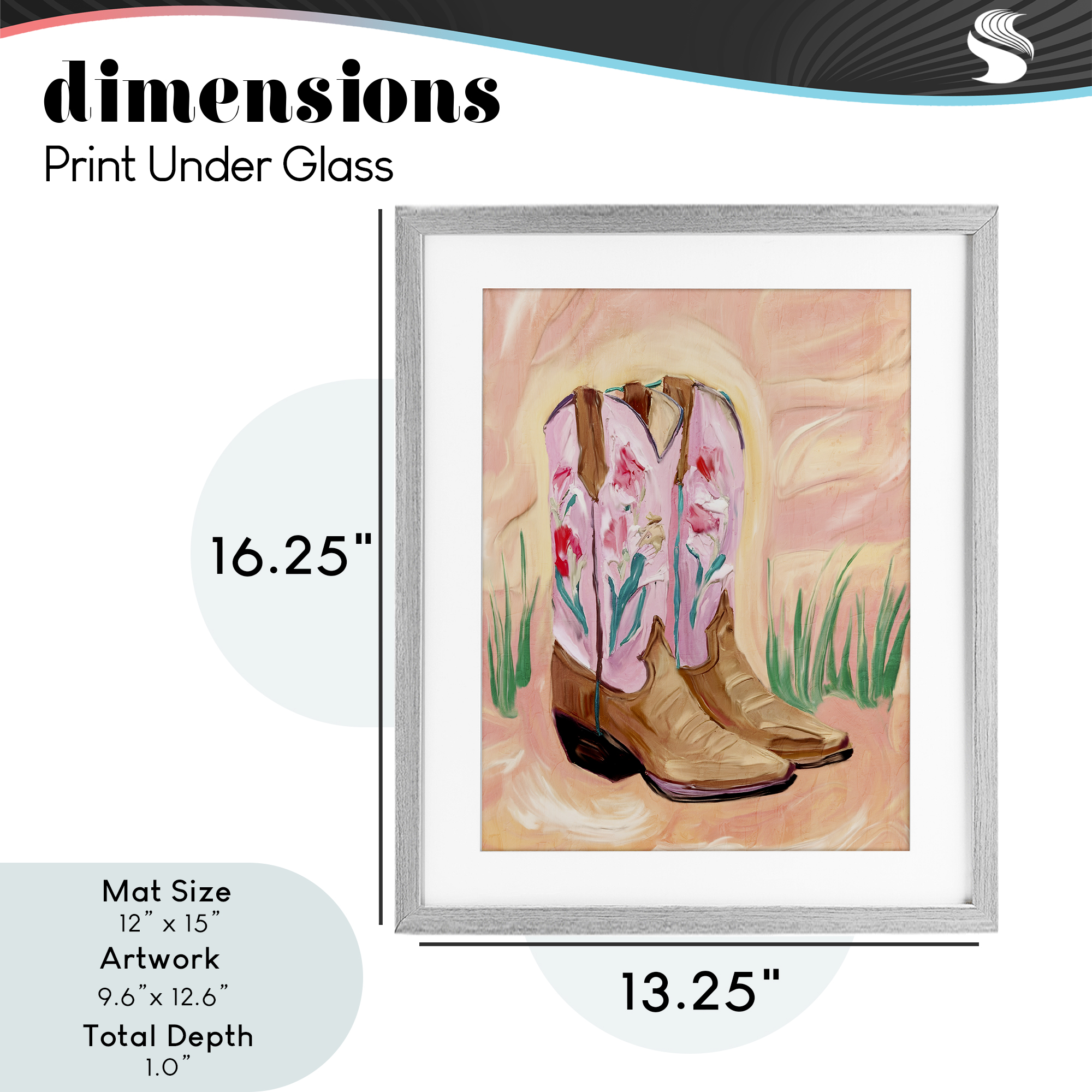Floral Pinks Boots Gray Framed Print Under Glass, design by Kim Allen
