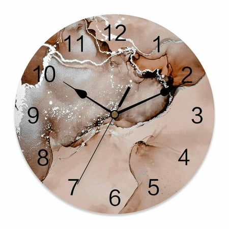 Wall Clock Brown Marble Clocks PVC Silent Non-Ticking Battery Operated Decorative Abstract Waves Cloud Round Clock for Home Living Room Kitchen Bedroom Office School Wall Decor 10 Inch