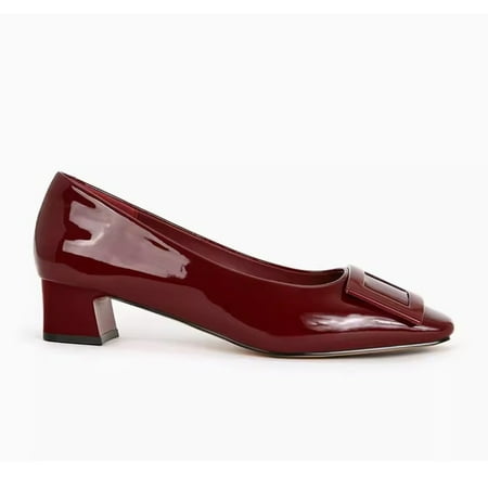 Sheepskin version ~ Su Yinyin with leather square head square buckle shallow mouth ol commuter thick heel shoes womens high heels wedding shoes