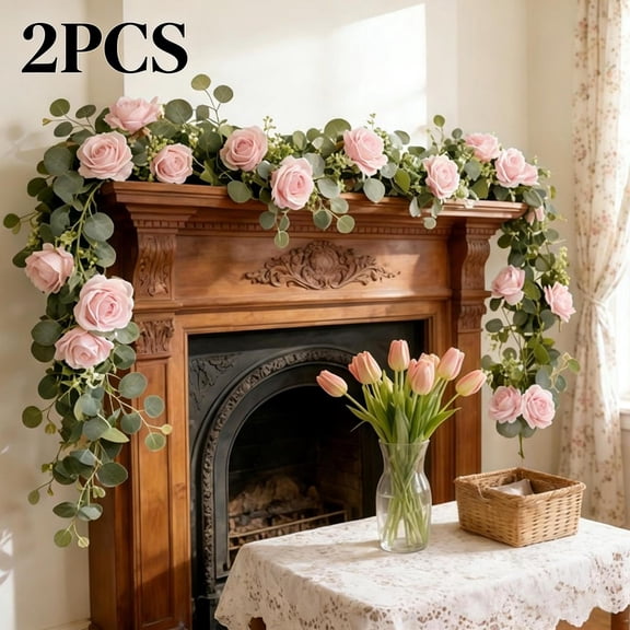 2pcs Artificial Flowers Garland Spring Eucalyptus Garland Vintage Fake Flower Peony Rose Vine Greenery Decorative Wall Hanging Plant for Wedding Arch Door Arrangement Party Decor
