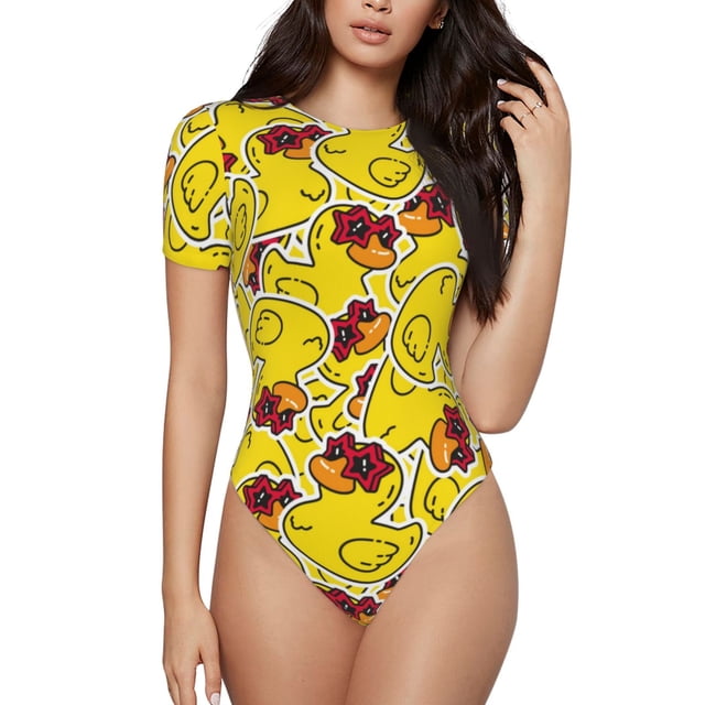 Bingfone Motif Canard avec Étoiles Lunettes de Soleil Justaucorps à Col Rond pour Femmes, Justaucorps à Manches Courtes à Boutons-Pression, Adapté pour Fête, Sports, Usage Quotidien-Petit