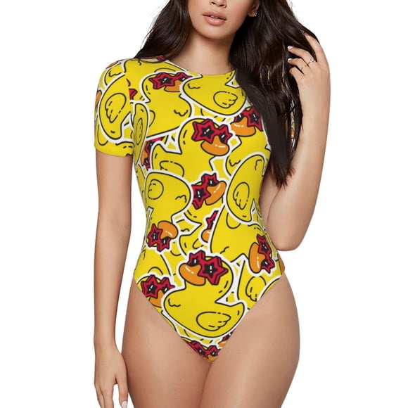 Bingfone Motif Canard avec Étoiles Lunettes de Soleil Justaucorps à Col Rond pour Femmes, Justaucorps à Manches Courtes à Boutons-Pression, Adapté pour Fête, Sports, Usage Quotidien-Petit