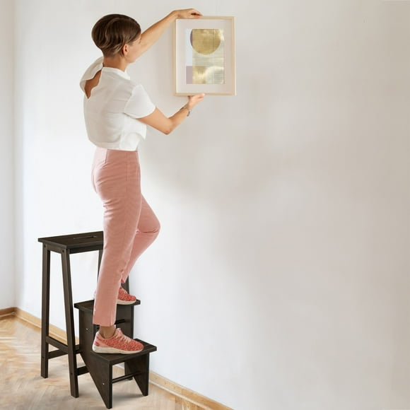 Costway Taburete Plegable de 3 Peldaños Escalera Portátil y Ligera para Escalar y Sentarse 57 x 41 x 76 cm
