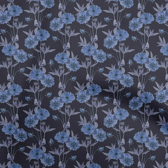 oneOone Polyester Spandex Blue Fabric Floral Retro Fabric For Sewing Printed Craft Fabric By The Yard 56 Inch Wide