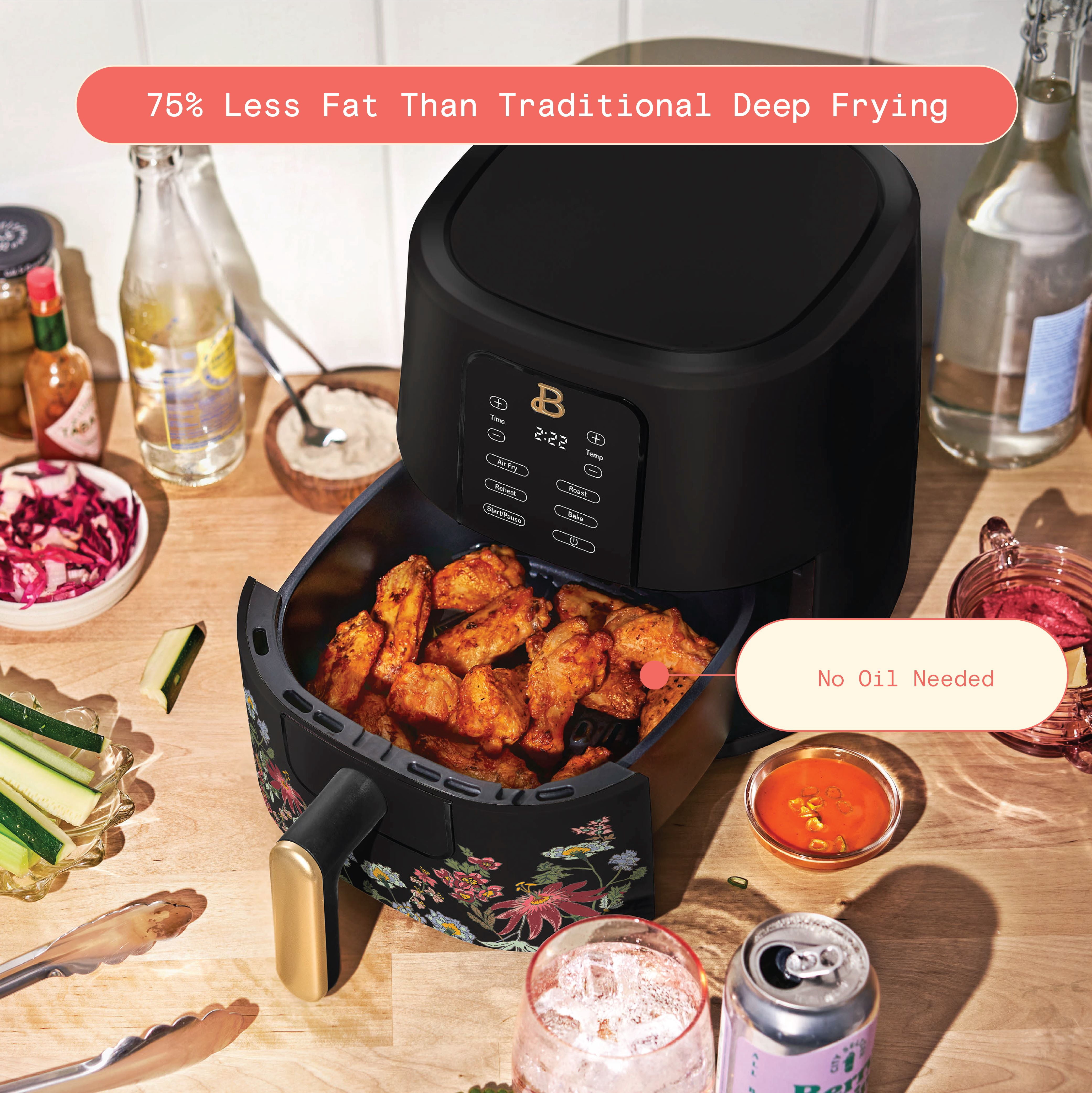 Beautiful 3 Qt Air Fryer with TurboCrisp Technology, Wildflower by Drew Barrymore, Black