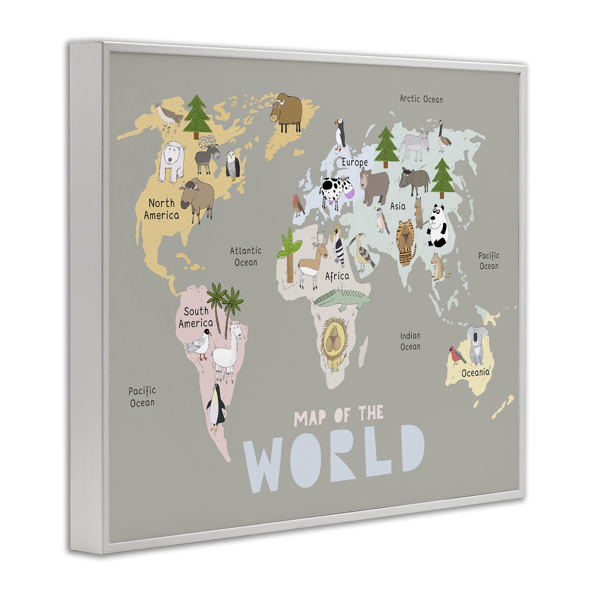 Kid's Map Of World Grey White Framed Giclee Art, design by Carla Daly