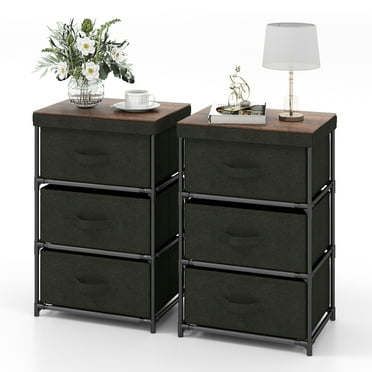 Gymax 2PCS Fabric Bedside Table 3 Drawers Nightstand Small Dresser Bedroom Living Room