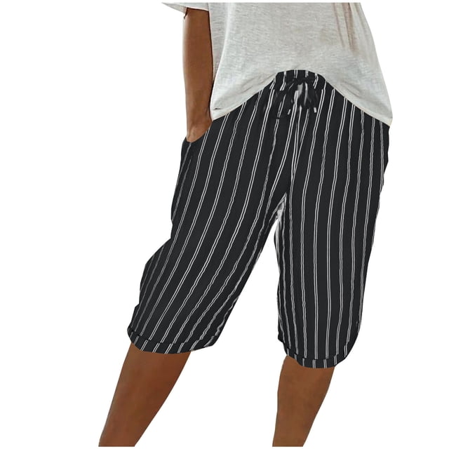 cfhntfmh Womens Summer Fashion Shorts Drawstring High Waisted Wide Leg Shorts with Pockets Striped Short Pant