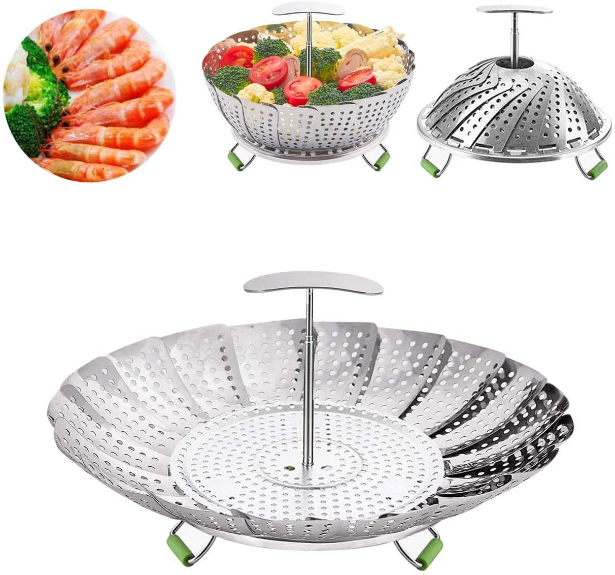 Kepooman Kitchen Stainless Steel Folding Veggie Steamer Basket for Cooking, Silver Kepooman Kitchen Stainless Steel Folding Veggie Steamer Basket for Cooking, Silver