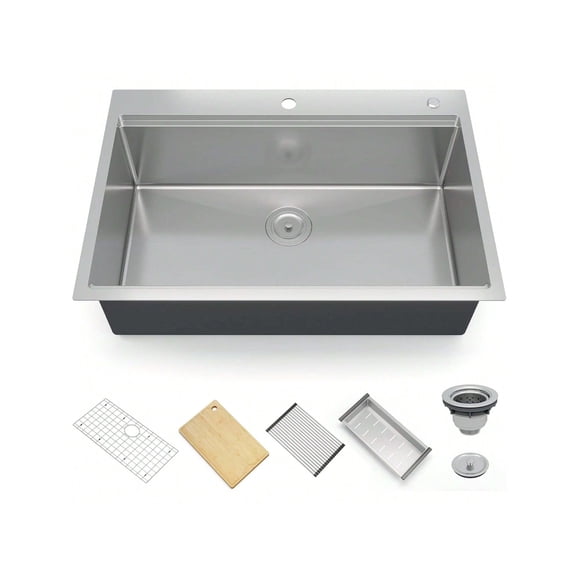 QinaQin Évier de Cuisine Encastré/surmonté de 30/33 Po, Bol Simple de Calibre 16, avec Rebord Intégré et Accessoires (Lot de 6)