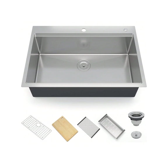 30/33 Inch Undermount Kitchen Sink: 16 Gauge Single Bowl Stainless Steel Kitchen Sink with Integrated Ledge and Accessories (Pack of 6). 16 Gauge Stainless Steel Sink, Drop-In