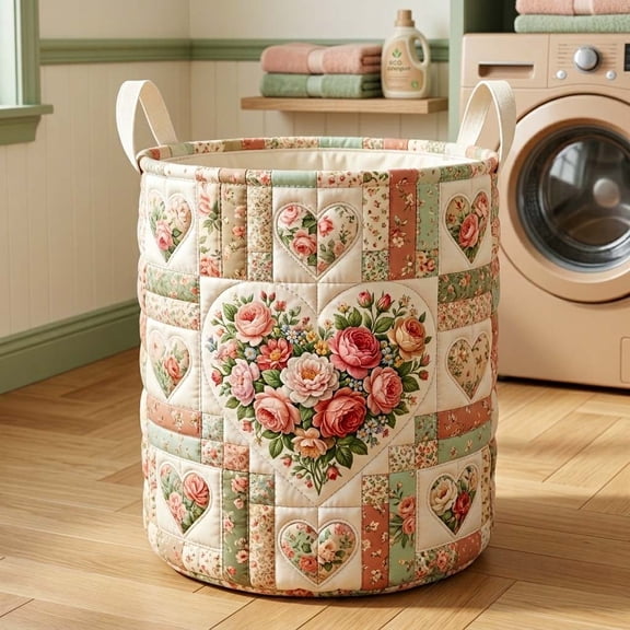 Flower Patchwork Quilted Laundry Basket, Collapsible Storage Basket for Clothes, Blankets and Toys