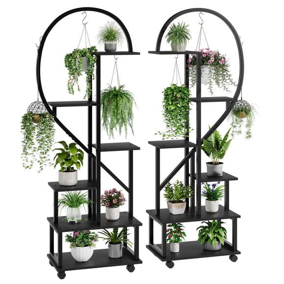 Set de 2 Soportes para Plantas Metálicos Forma Corazón de 6 Niveles | Con Ruedas y Cajones, Marrón para Interior y Exterior