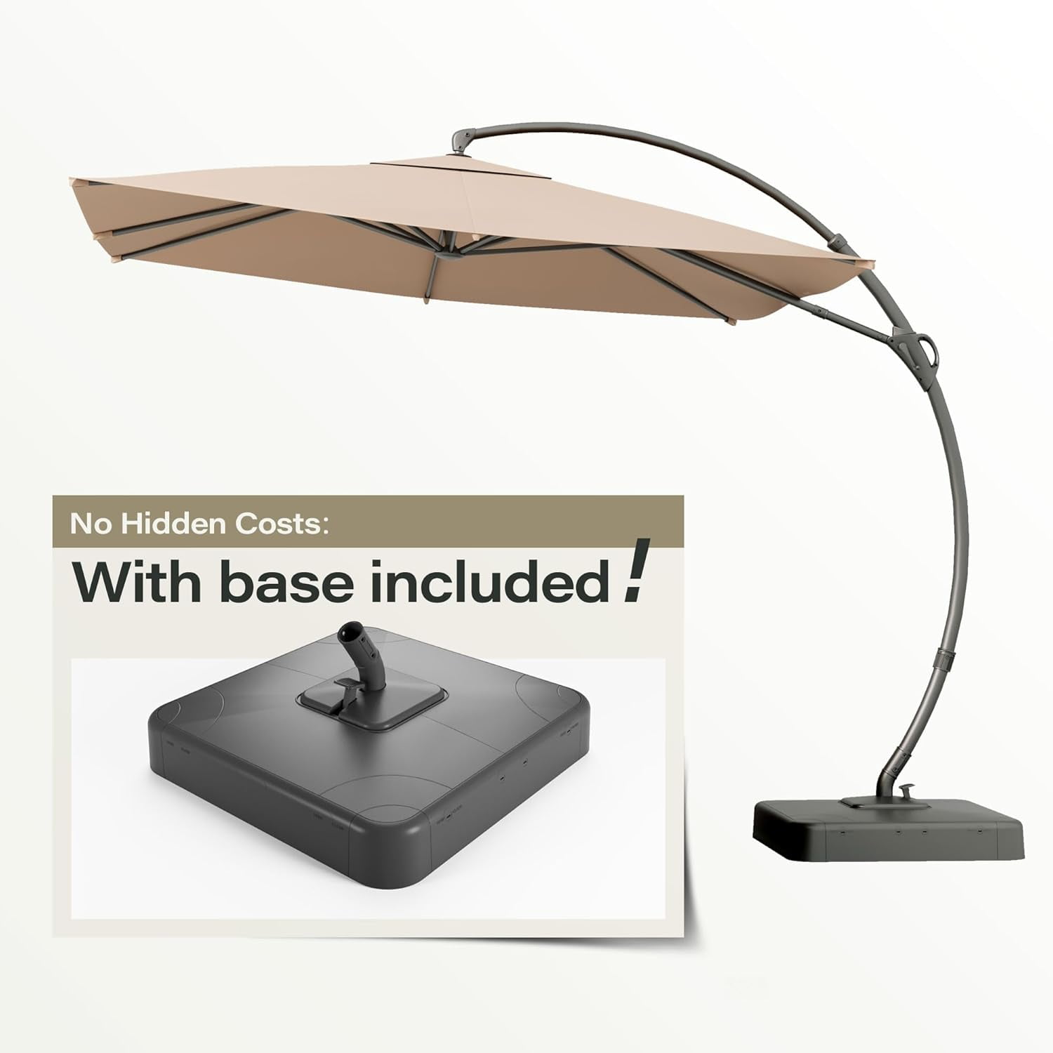 KAMEROUT 10x10FT Patio Umbrella with Base, Large Square Cantilever Heavy Duty Offset Hanging Umbrella with 360° Rotation for Market, Pool, Garden, Backyard