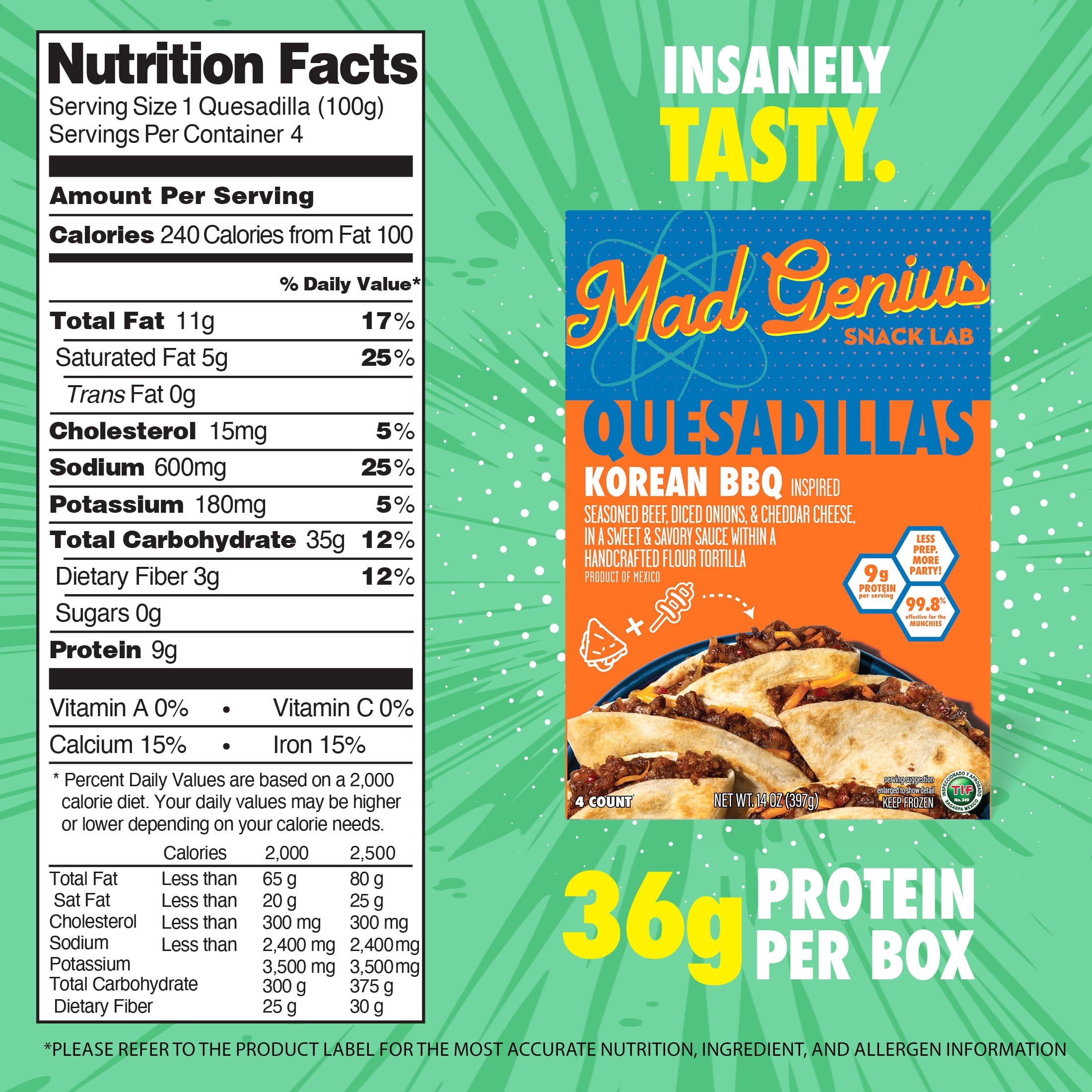 Mad Genius Korean BBQ Quesadillas, 14 oz (Frozen), 9g of Protein per Serving