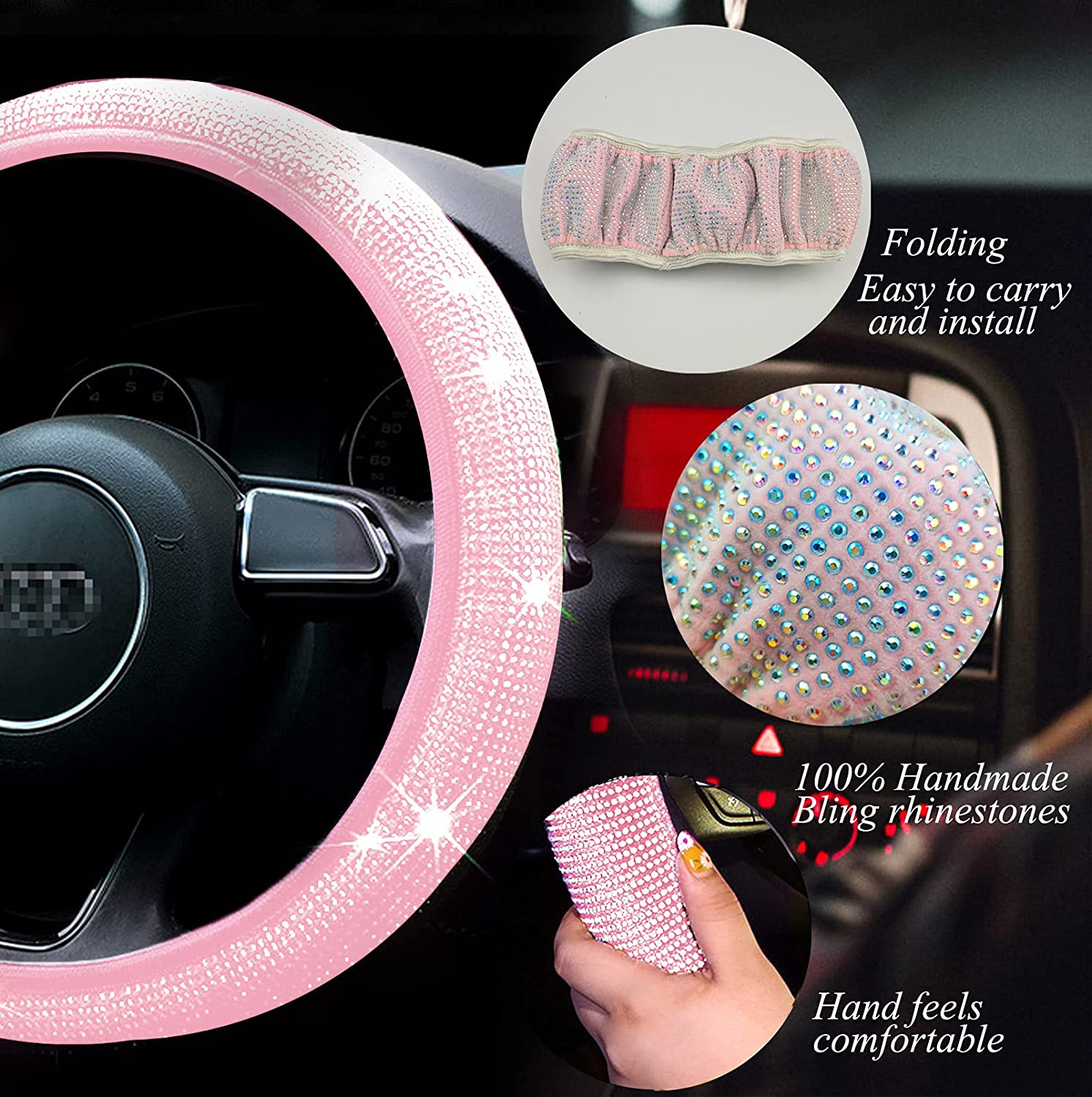 Pink Steering Wheel Covers for Women Girls, 15 inch Stretchy Bling  Rhinestone Steering Wheel Cover Cute Car Accessories with Pack Car  Coasters for Cup Holders
