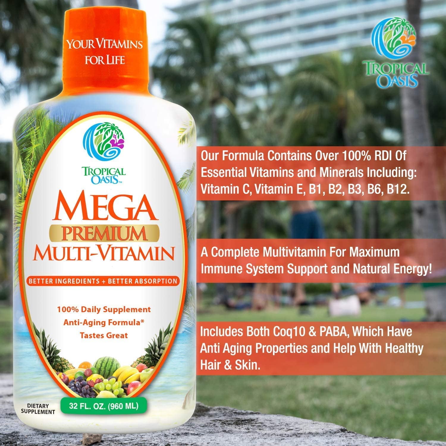 Tropical Oasis Mega Multivitamin, Advanced Liquid Vitamin Supplement with over 80 Vitamins, Minerals and Amino Acids, Tropical Blast Flavor, 32 fl Oz, 32 Servings