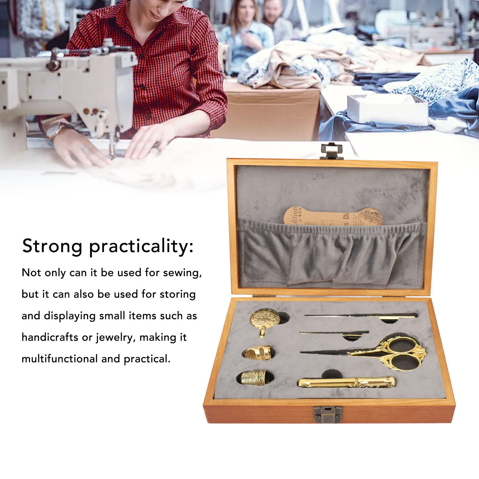 BIMZUC Vintage Wooden Sewing Kit 30‑Piece Multifunctional Box with Thread Cutter, Thimble, Scissors & Needle Holder – Eco‑Friendly Solid Wood Craft Storage