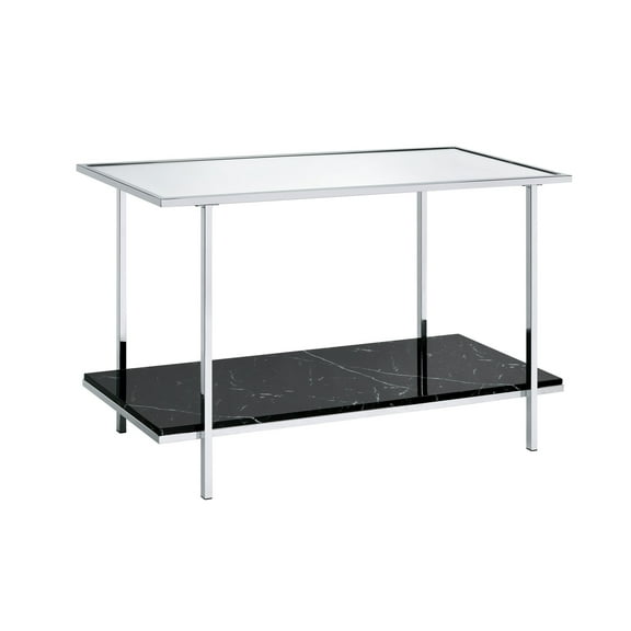 Benjara Console Table with Mirror Top and Faux Marble Open Bottom Shelf, Silver