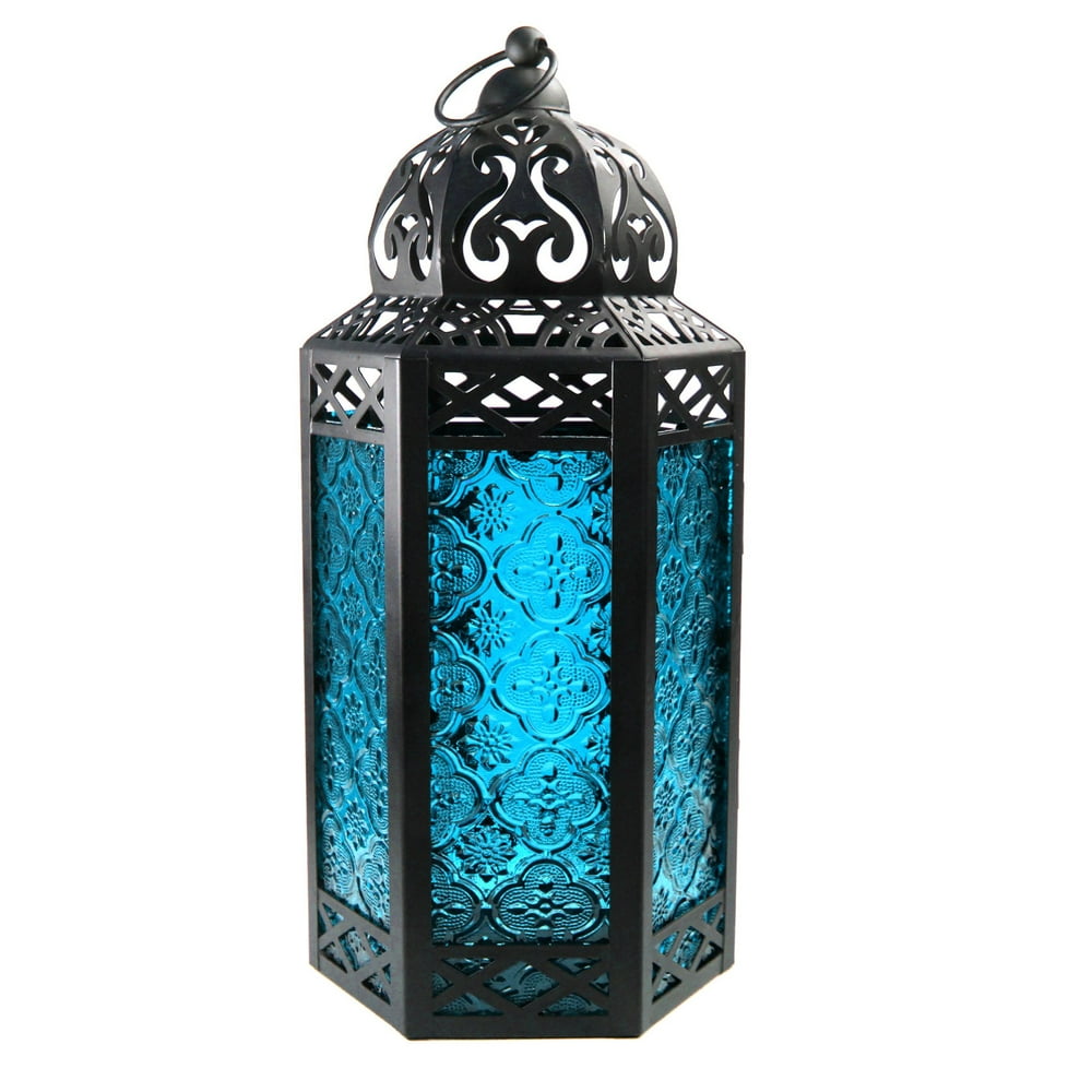 Moroccan Style Candle Lantern with LED Lights, Blue Glass, Large