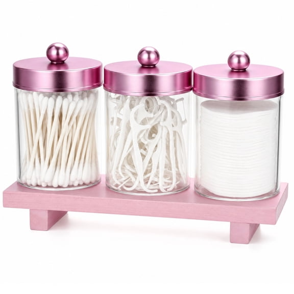 3-Piece Qtip Holder Set, Acrylic Cotton Swabs Holder, Bathroom Storage Canisters with Lid & Vanity Tray, Ideal for Cotton Balls, Pads, Floss Picks, Vanity Countertop Accessory Dispenser (Pink)