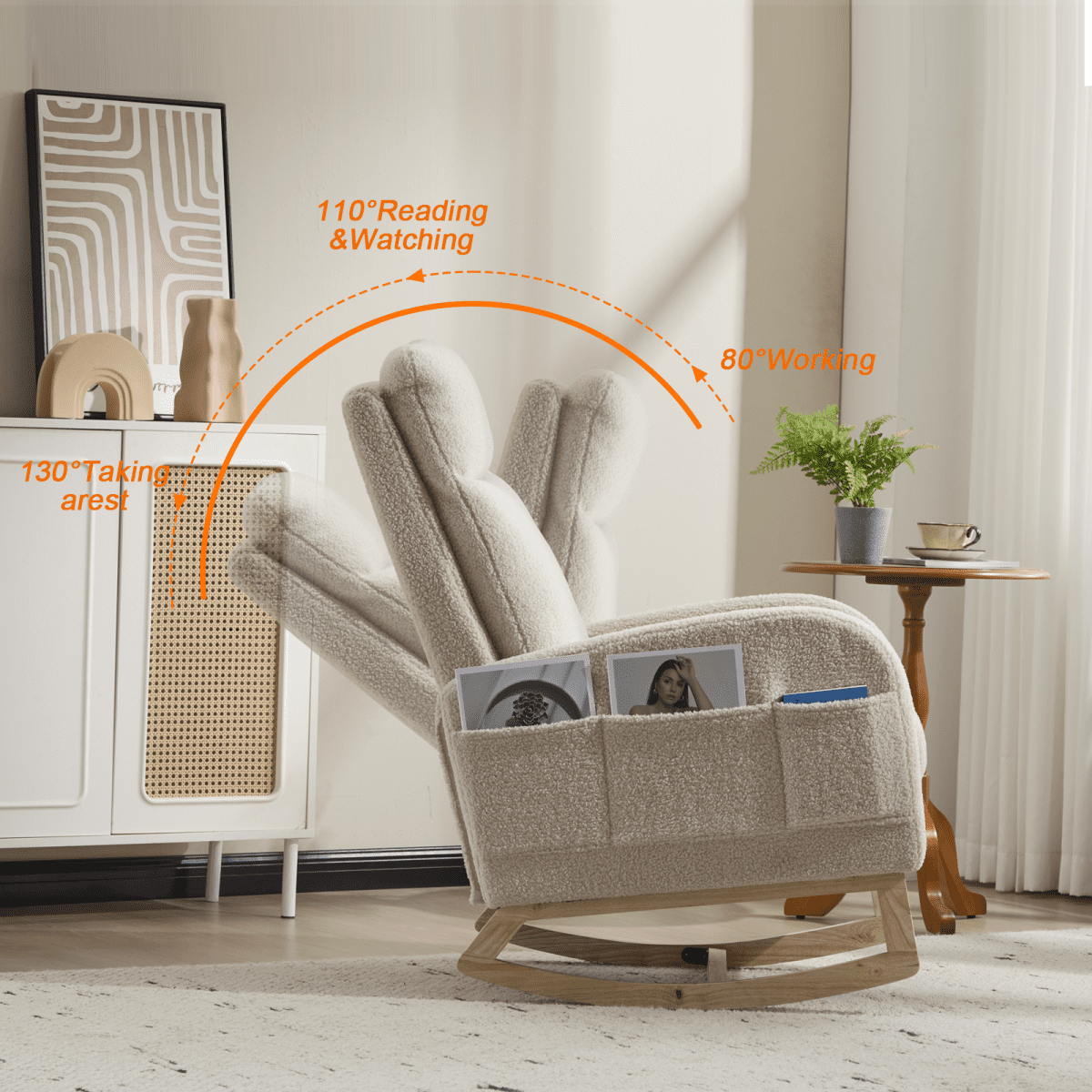 Beige Teddy Upholstered Nursery Glider Rocking Chair with Solid Wood Legs, High Backrest, Footrest & Side Pocket, Modern Accent Lounge Arm Chair for Living Room/Nursery (300 LBS Capacity)