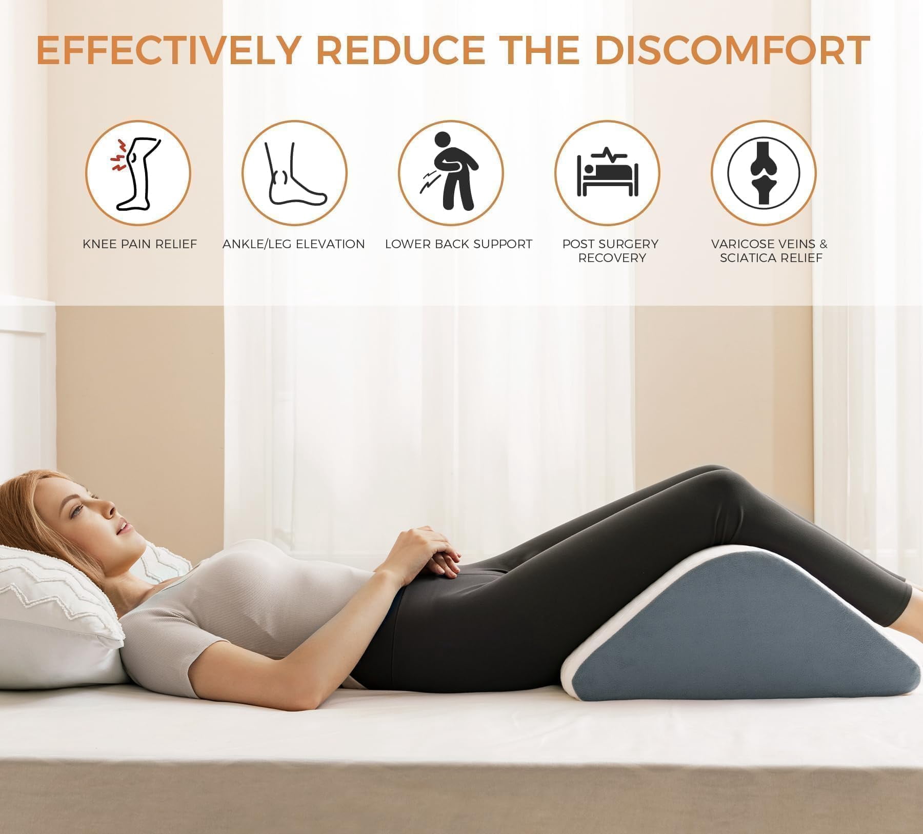 Ganondorf Knee Wedge Pillow 8'' for Post-Surgery Recovery - Leg Elevation Support for Sleep Position, Alleviating Lower Back & Hip Pain Enhancing Circulation in Ankles Legs Triangle Pillow White&Grey