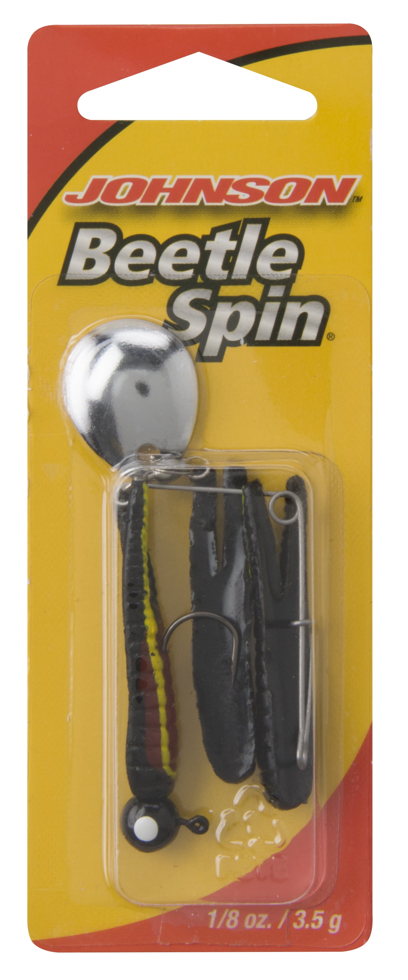 (2 pack) Johnson Original Beetle Spin Fishing Lure, Black Yellow Stripe/Red Belly, 1.1 in