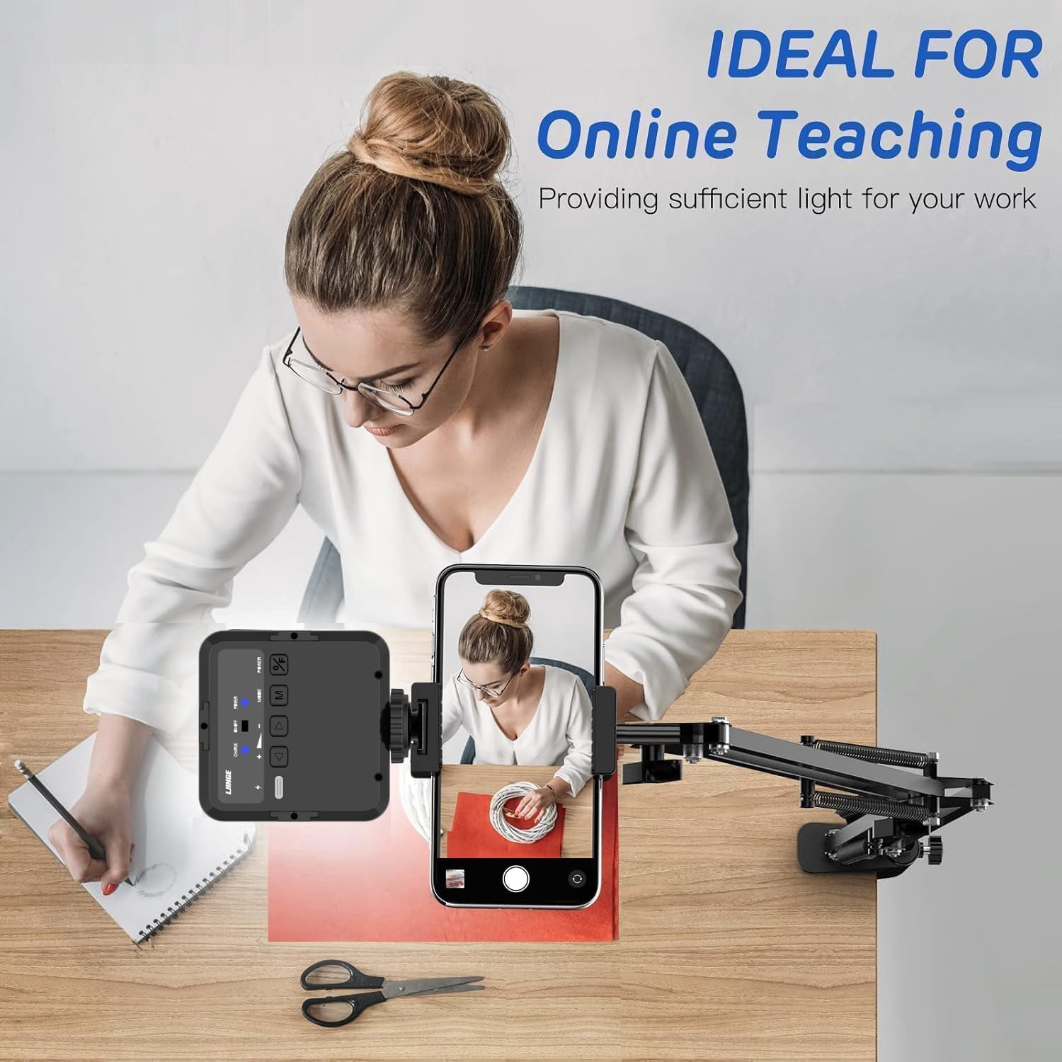 Overhead Phone Mount, Articulating Arm Cell Phone Holder with LED Light, Flexible Phone Stand for Live Streaming, Video Recording, Painting Lighting, Cooking