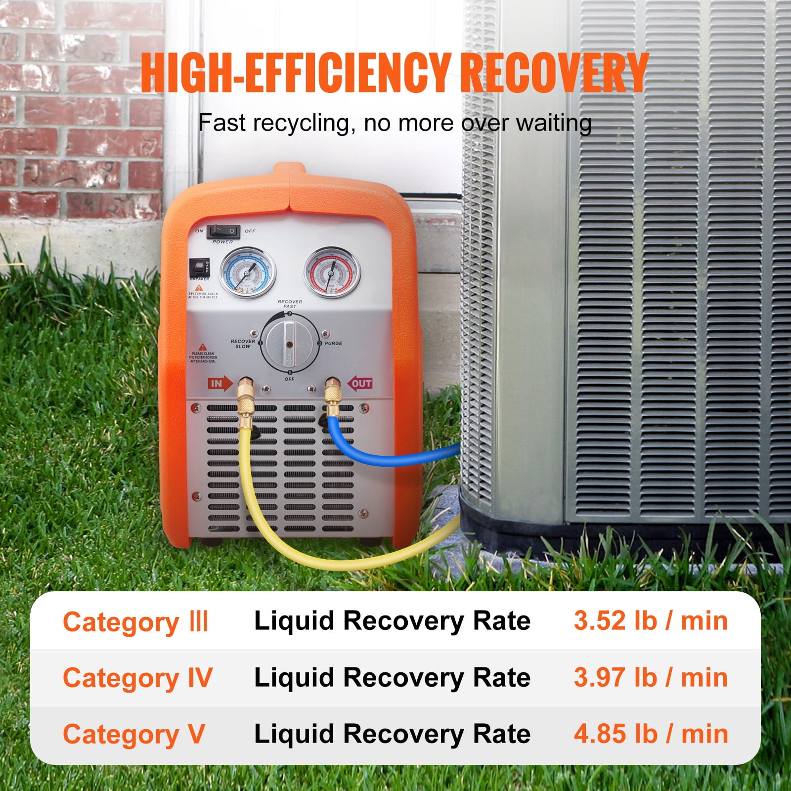 VEVOR Portable 3/4 HP Refrigerant Recovery Machine AC 120V 60Hz for Vapor Liquid Refrigerant with Self-cleaning Overcurrent Protection