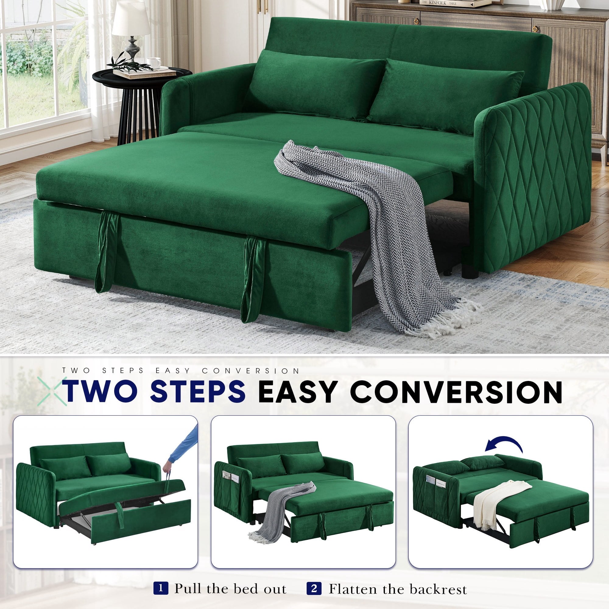 Lunale Convertible Futon Sofa Bed for Living Room, Modern Upholstered Loveseat Sleeper in Green