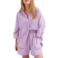 thumbnail image 1 of TRKIYQC Traje de dormir de 2 piezas para mujer, camisa de cuello vuelto de un solo pecho de manga 3/4 de color sólido + pantalones cortos de cintura elástica TRKIYQC moda, 1 of 4