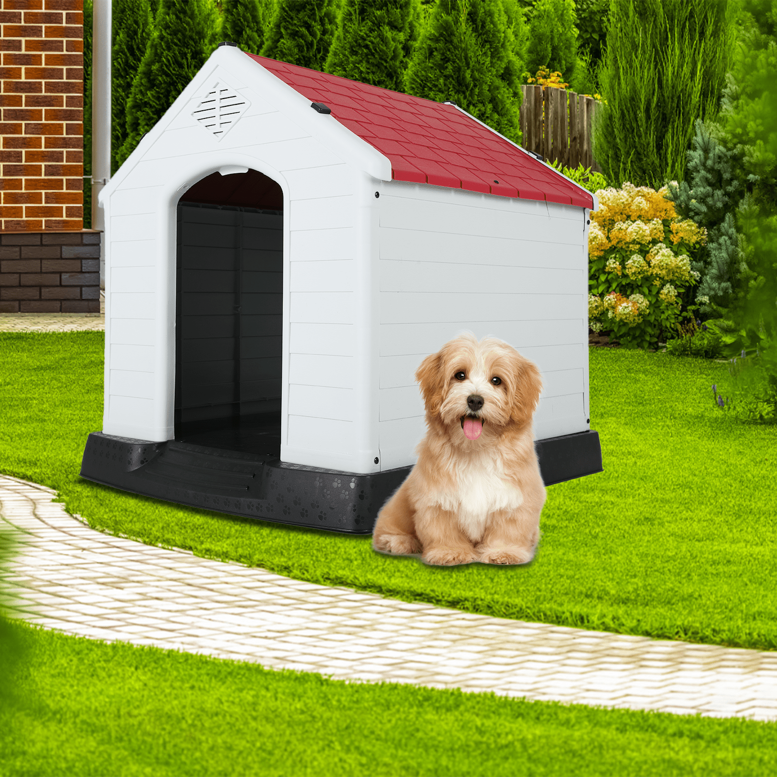 Dkelincs 28 inch Durable Plastic Dog House Indoor Outdoor Weatherproof Pet House with Air Vents and Elevated Floor, Red