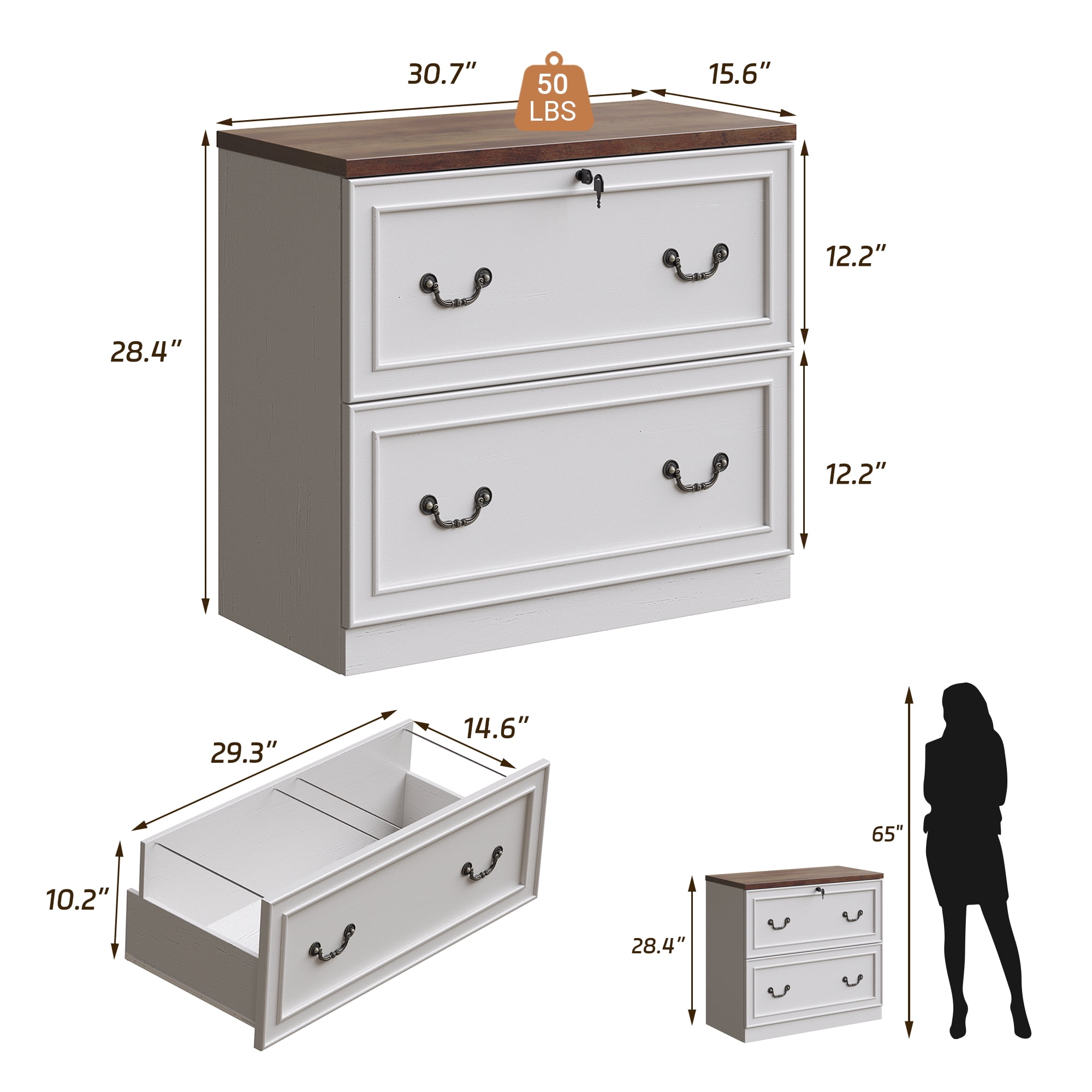 HMstone Farmhouse File Cabinet with Lock, 2 Drawer Lateral File Cabinet for Printer Stand, Large Wood Filing Storage Cabinet for Home Office, Fits A4/Letter Size Files, White