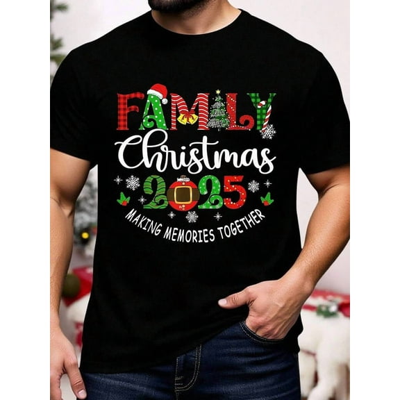 Men's Casual Comfortable 2025 Christmas Lights & Letter Print Short Sleeve Crew Neck T-Shirt