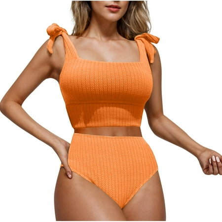 Arnsht Women s Solid Color Sheath High Waisted Bikini Swimsuit Two Piece Adjustable Suspenders Cheeky Bathing Suits Orange XL