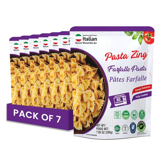 Pasta Zing Pâtes Farfalle – Pâtes Nœud Papillon Entièrement Cuites, Prêtes au Micro-Ondes en 1 Minute, Faites avec 100 % de Blé Dur Italien, non-OGM, Sans Agents de Conservation, Halal et Casher – 7,05 oz (Lot de 7)