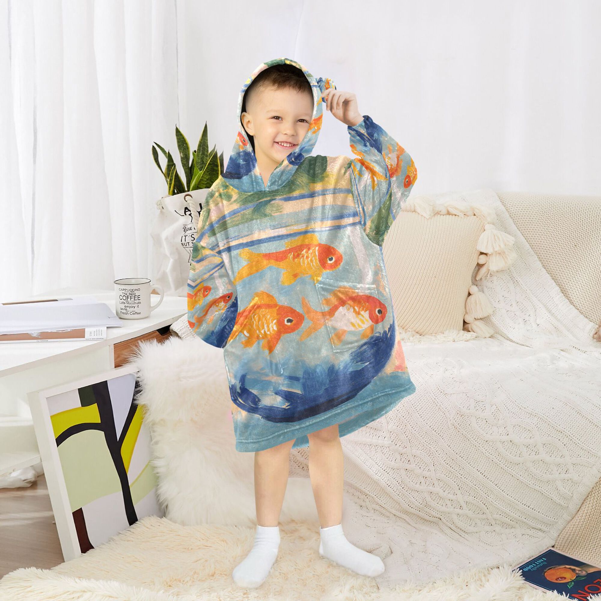 FORMRS Wearable Blanket Hoodie with Sleeves for Kids Cozy Flannel Sweatshirt, Blue Goldfish Bowl