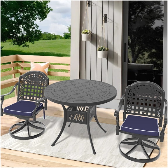 3-Piece Cast Aluminum Patio Set with Round Table and 2 Swivel Chairs, Black