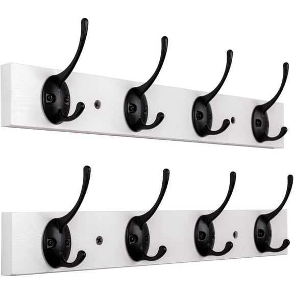 Coat Hooks Wall Mounted, Wooden Hat Rack with 4 Hooks for Entryway, Bathroom,Bedroom(2 Pack,White)