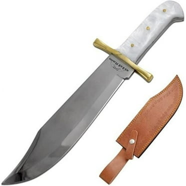 15" Classic Bowie Hunting Knife White Pearl Handle With Brass Cross Guard