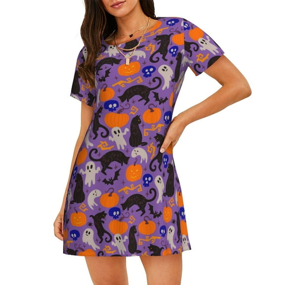 Logiee Halloween Black Cats Print Nightgowns for Women,Soft Short-Sleeved Lightweight Sleepwear, Loose Sleepshirts