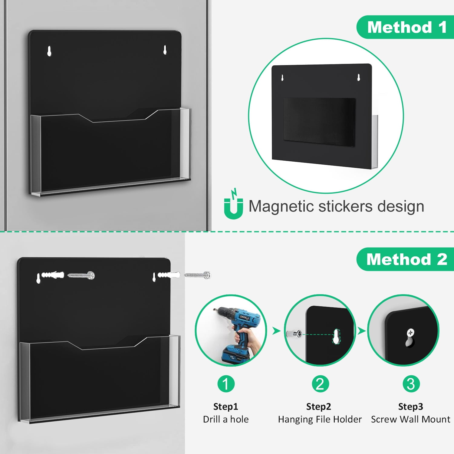 2Pack Magnetic File Organizer - Clear Acrylic Hanging Wall File Holder, Wall Mount Folder Mail Document Magazine Holder for Office, Fridge, Whiteboard, Black Back