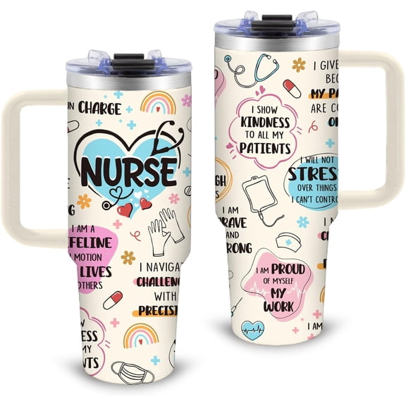 Nurse Tumbler Gifts, 30oz Nurse Themed Tumbler with Handle and Straw, Stainless Steel Double Wall Vacuum Insulated Cup Keep Hot Cold