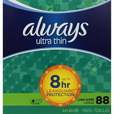 Always Ultra Thin Feminine Pads with Wings, Long/Super, Unscented, 88 Count