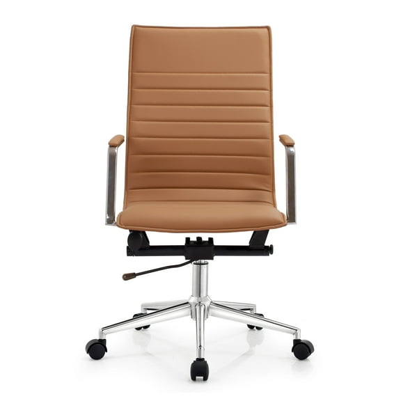 2xhome Modern High Back Office Desk Chair | Upholstered Ribbed PU Leather with Metal Frame | Adjustable Height, Tilt Lock | Computer Armchair for Home, Conference, Meetings (Beige), Set of 1, 1 piece